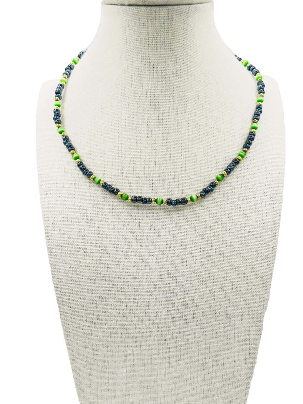 Cat's Eye Glass Bead Necklace, Blue and Green Seed Bead Jewelry